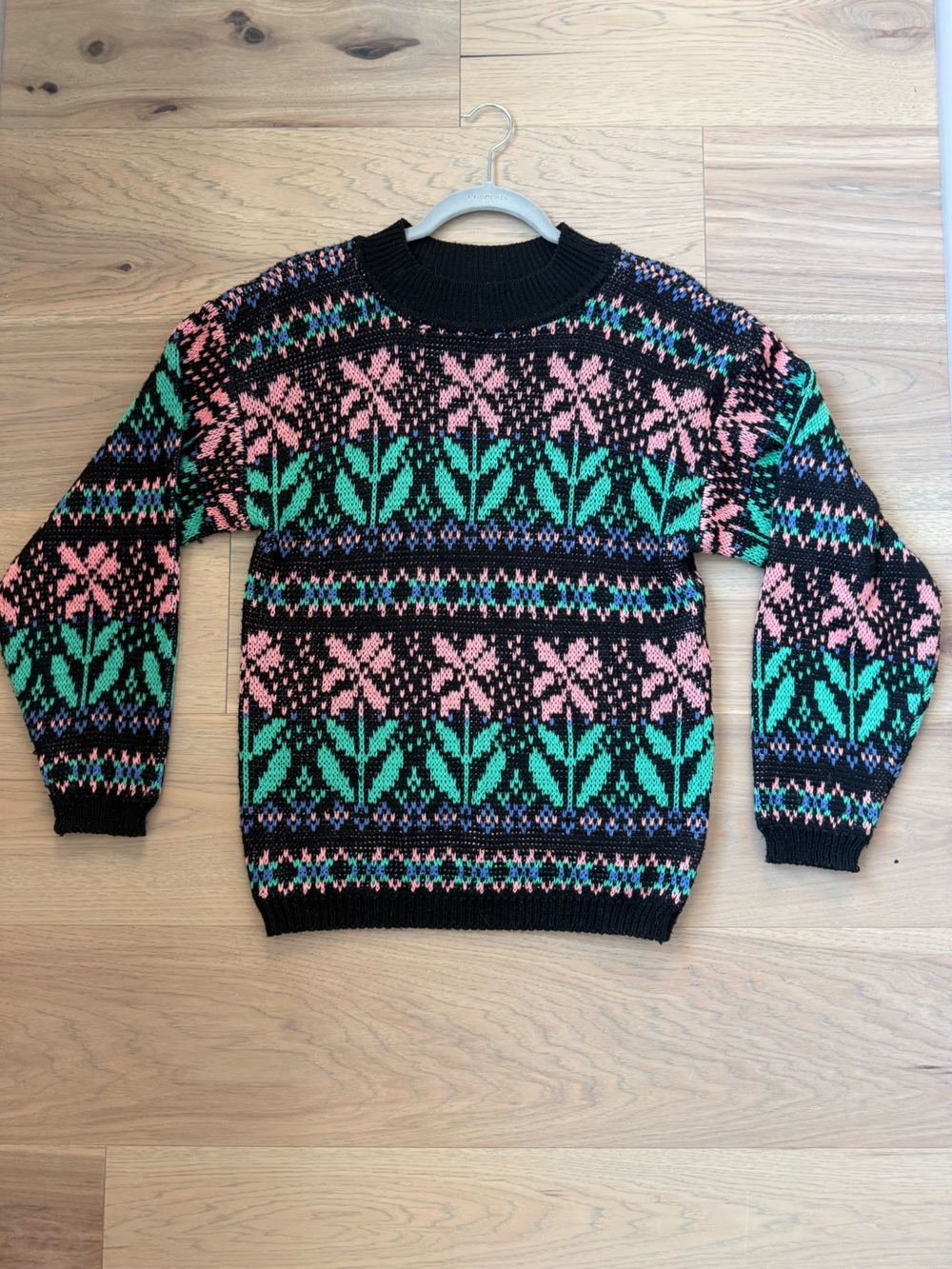 Vintage Black Fair Isle Knit Sweater with Pink & Teal Pattern